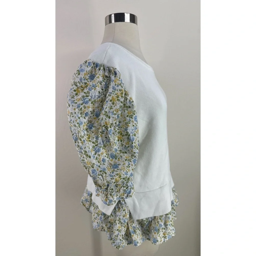 Anthropologie White Knit Top with Blue Floral Puff Sleeves